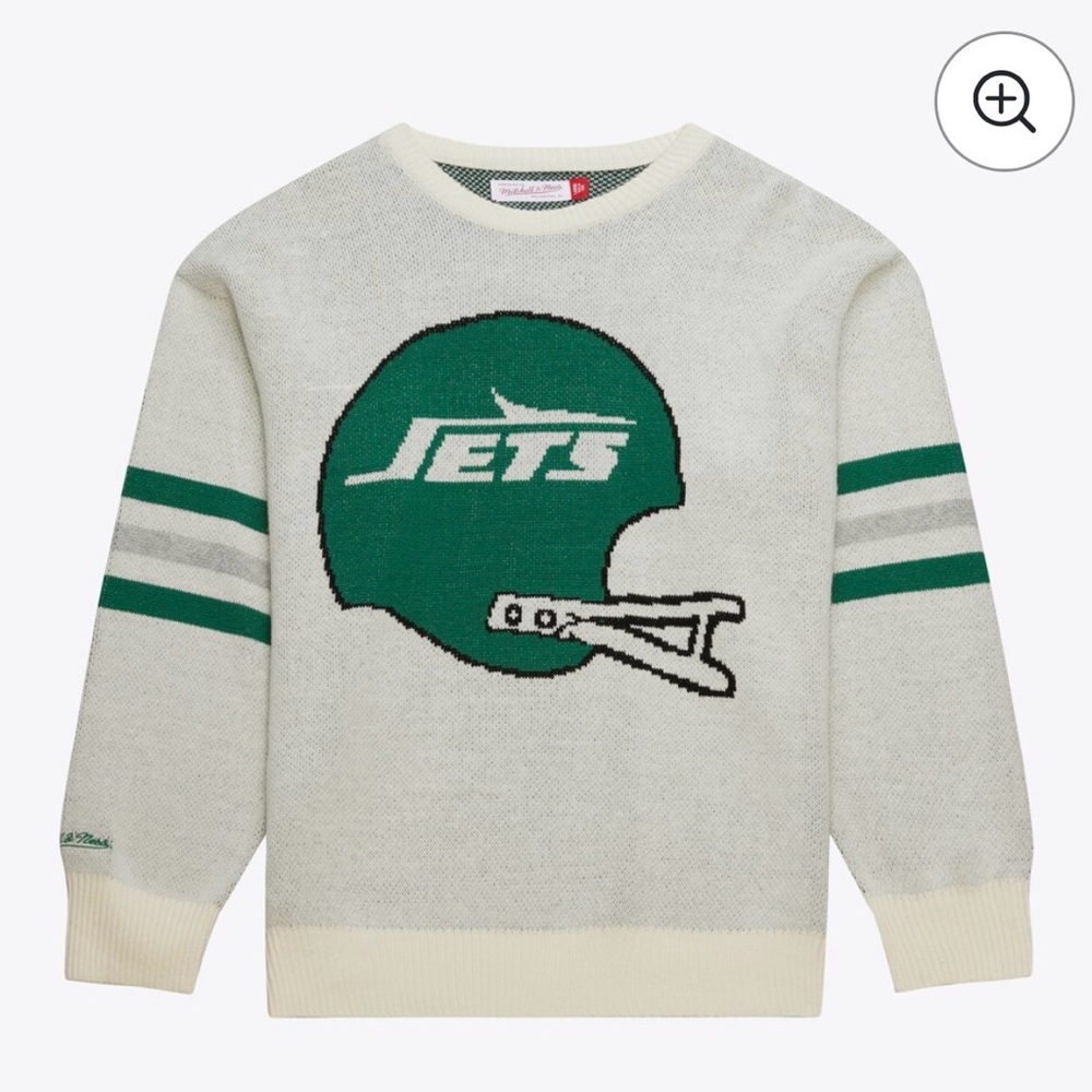 Mitchell & Ness Cream Crewneck Sweater with Green Jets Helmet - Picture 1 of 7